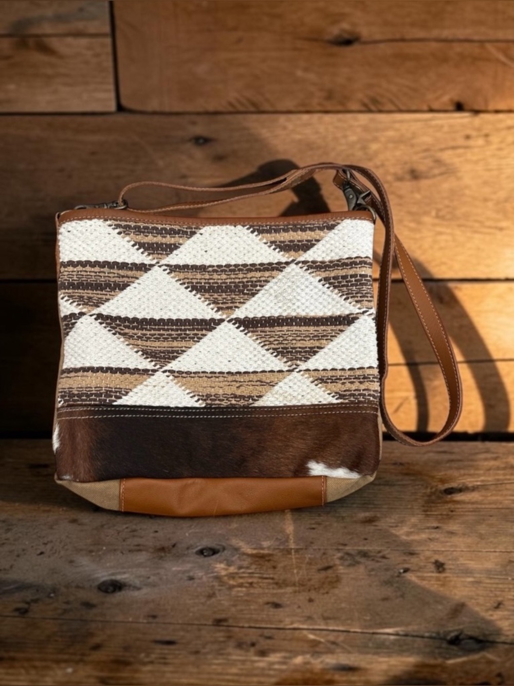 Myra Bag Brown and White Woven Geometric Crossbody Western Boho